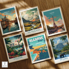 Framed travel posters of Venice, Paris, Scotland Highlands, Singapore, Algarve, and Sri Lanka for wall art decor