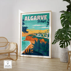 Algarve Portugal travel poster art with coastal cliffs, beach, and village, framed wall decor