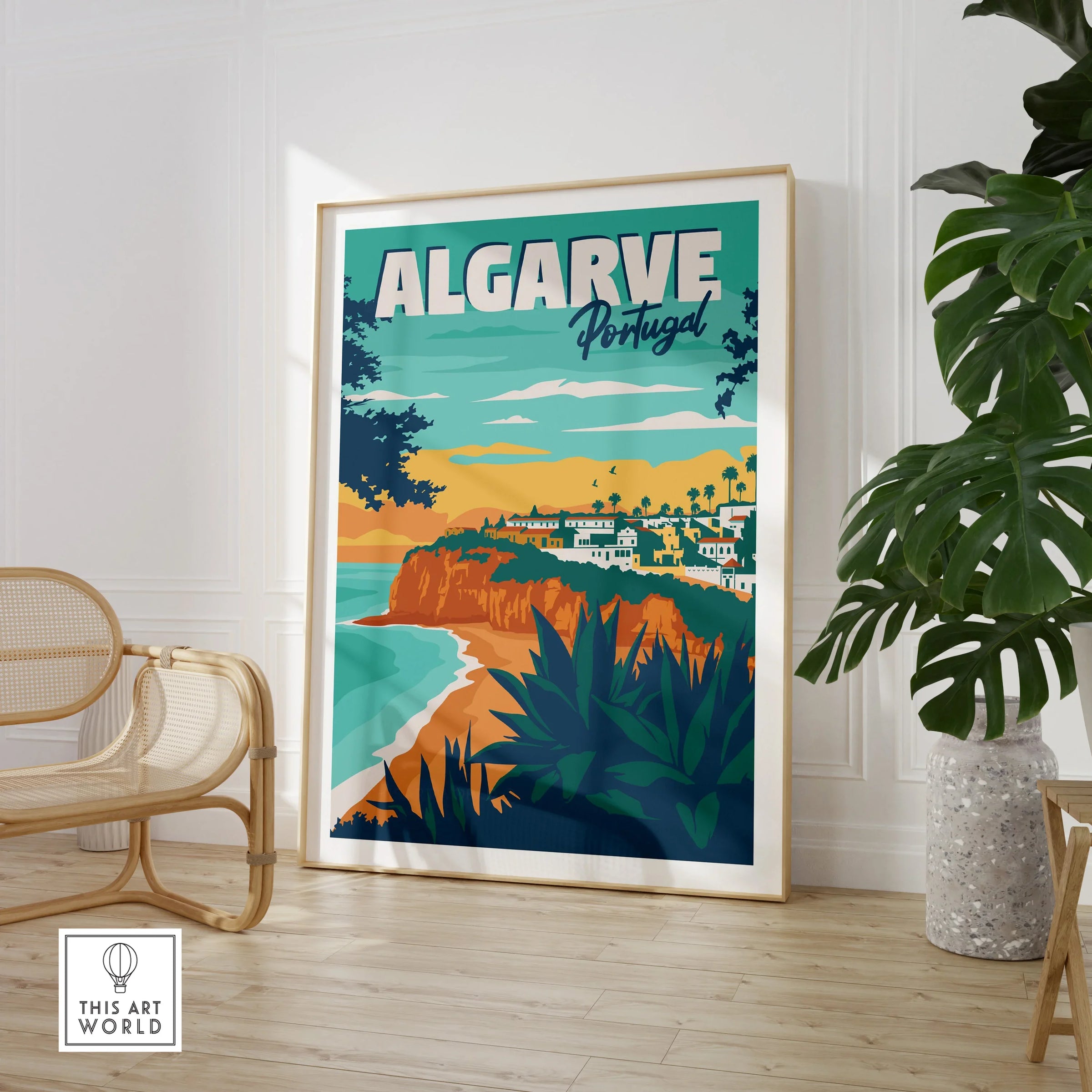 Algarve Portugal travel poster art with coastal cliffs, beach, and village, framed wall decor