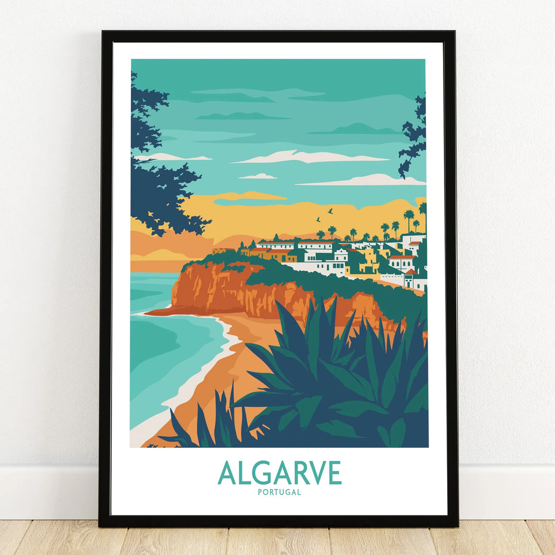 Algarve Portugal travel poster with coastal cliffs, beach, and white village, ideal wall art for home decor