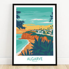 Algarve Portugal travel poster with coastal cliffs, beach, and white village, ideal wall art for home decor