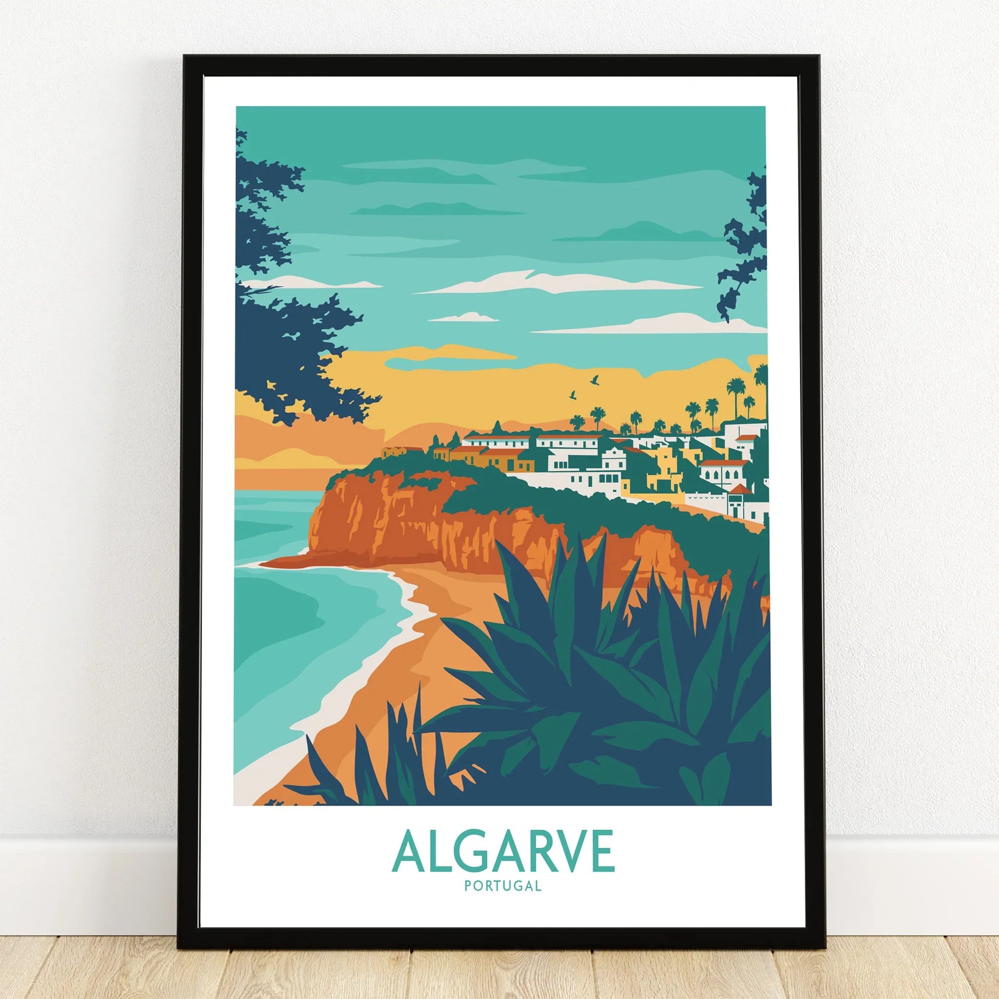 Algarve Portugal travel poster with coastal cliffs, beach, and white village, ideal wall art for home decor