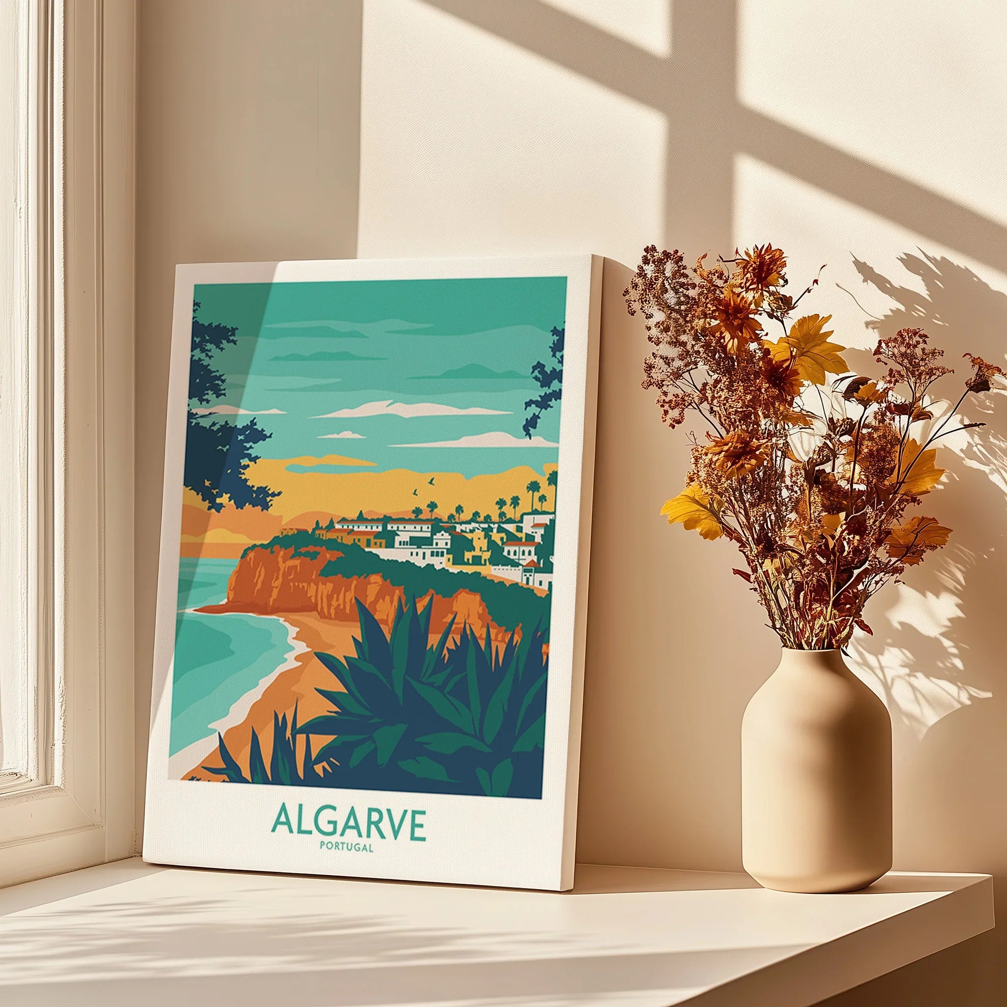 Algarve Portugal travel poster with coastal cliffs, beach, and village, styled as wall art for home decor