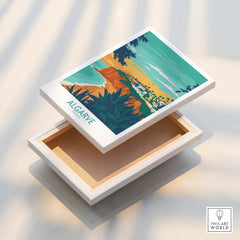 Algarve Portugal travel poster canvas art, coastal landscape wall decor with vibrant colors and white frame