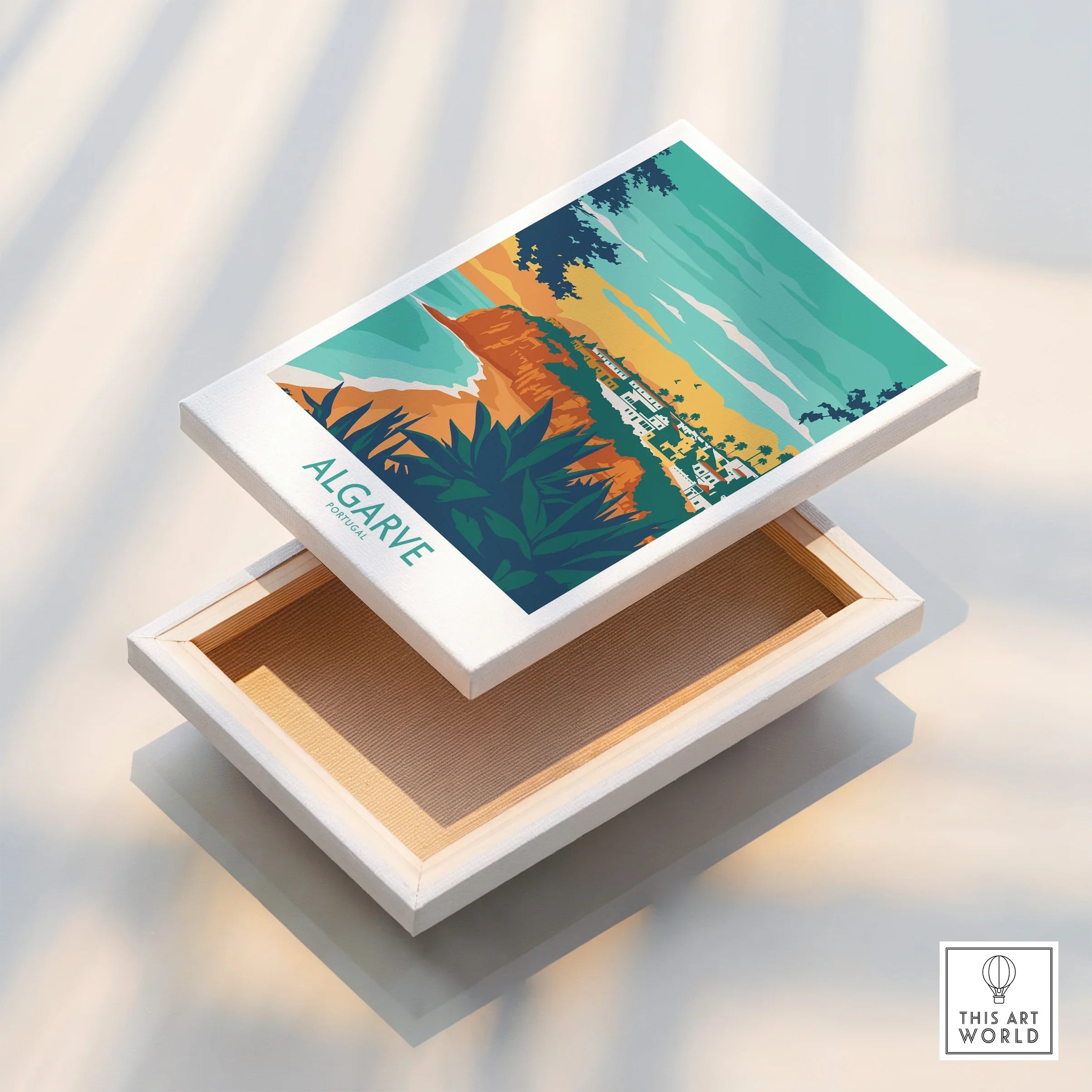 Algarve Portugal travel poster canvas art, coastal landscape wall decor with vibrant colors and white frame