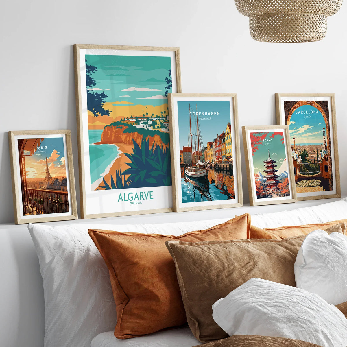 Framed travel posters of Paris, Algarve, Copenhagen, Tokyo, and Barcelona for home wall art decor