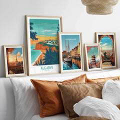 Framed travel posters of Paris, Algarve, Copenhagen, Tokyo, and Barcelona for home wall art decor