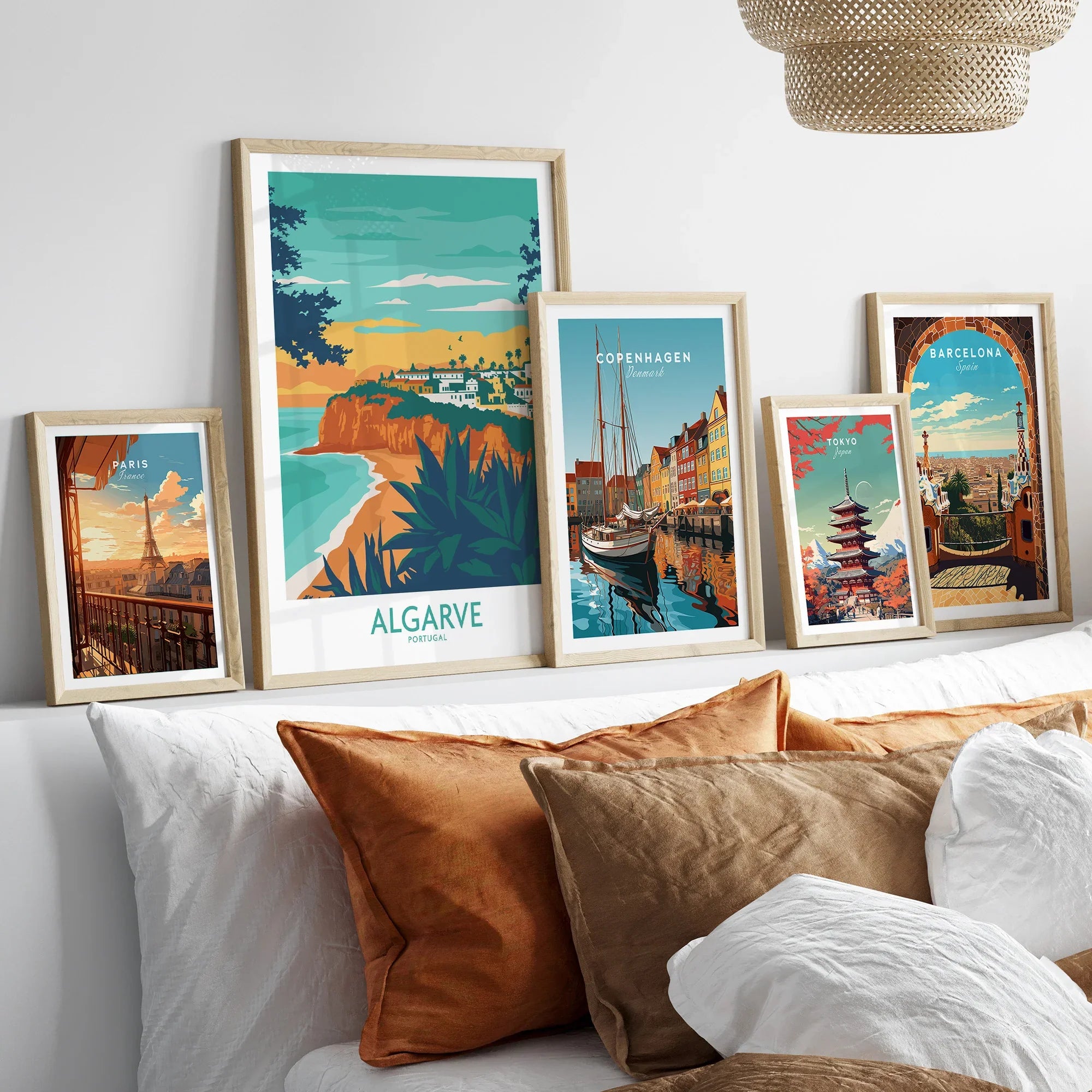 Framed travel posters of Paris, Algarve, Copenhagen, Tokyo, and Barcelona for home wall art decor