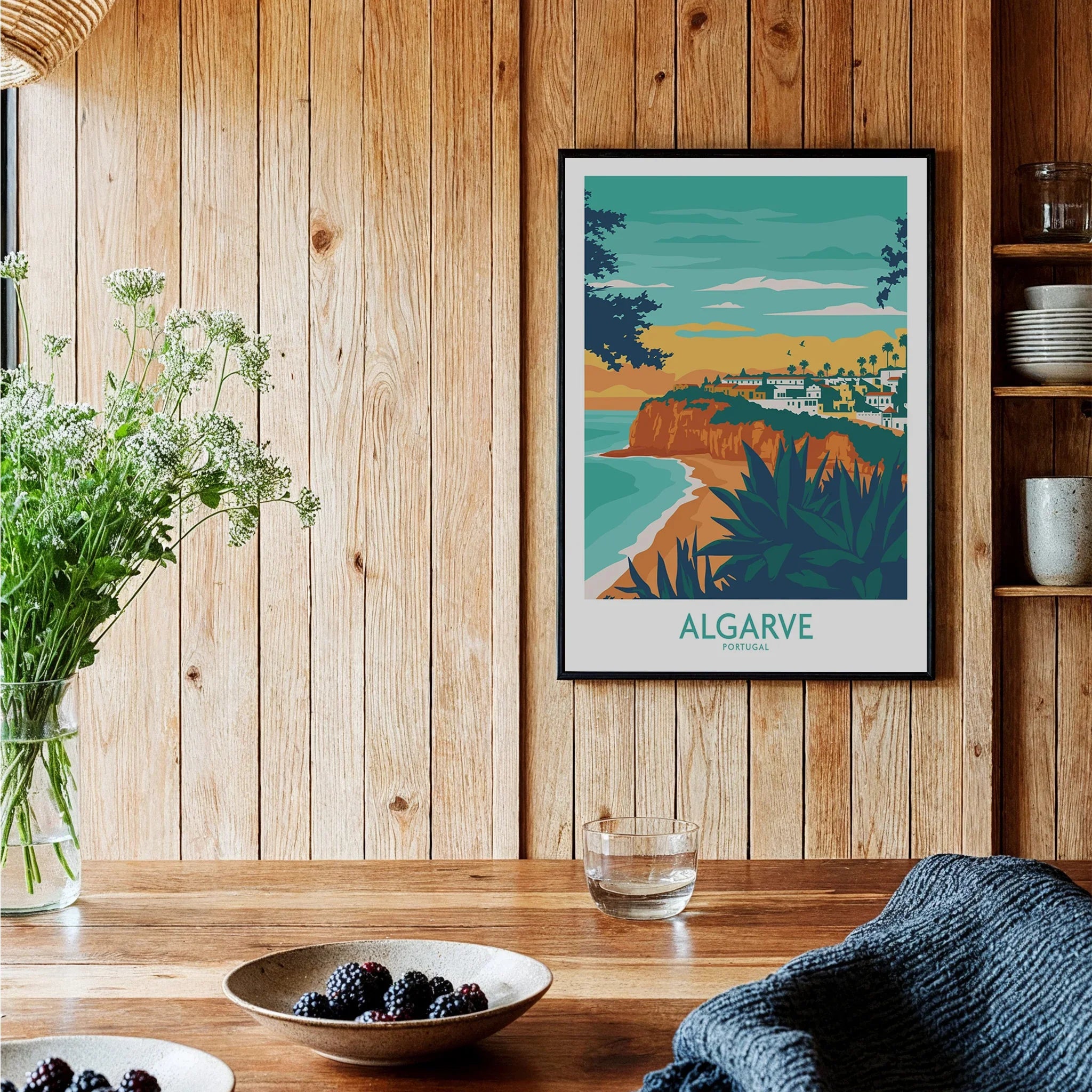 Algarve Portugal travel poster with coastal cliffs, beach, and village, perfect for home wall art decor