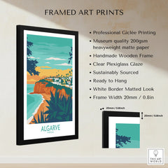 Framed Algarve Portugal travel poster art print with coastal cliffs, beach, and white buildings, perfect for home decor.
