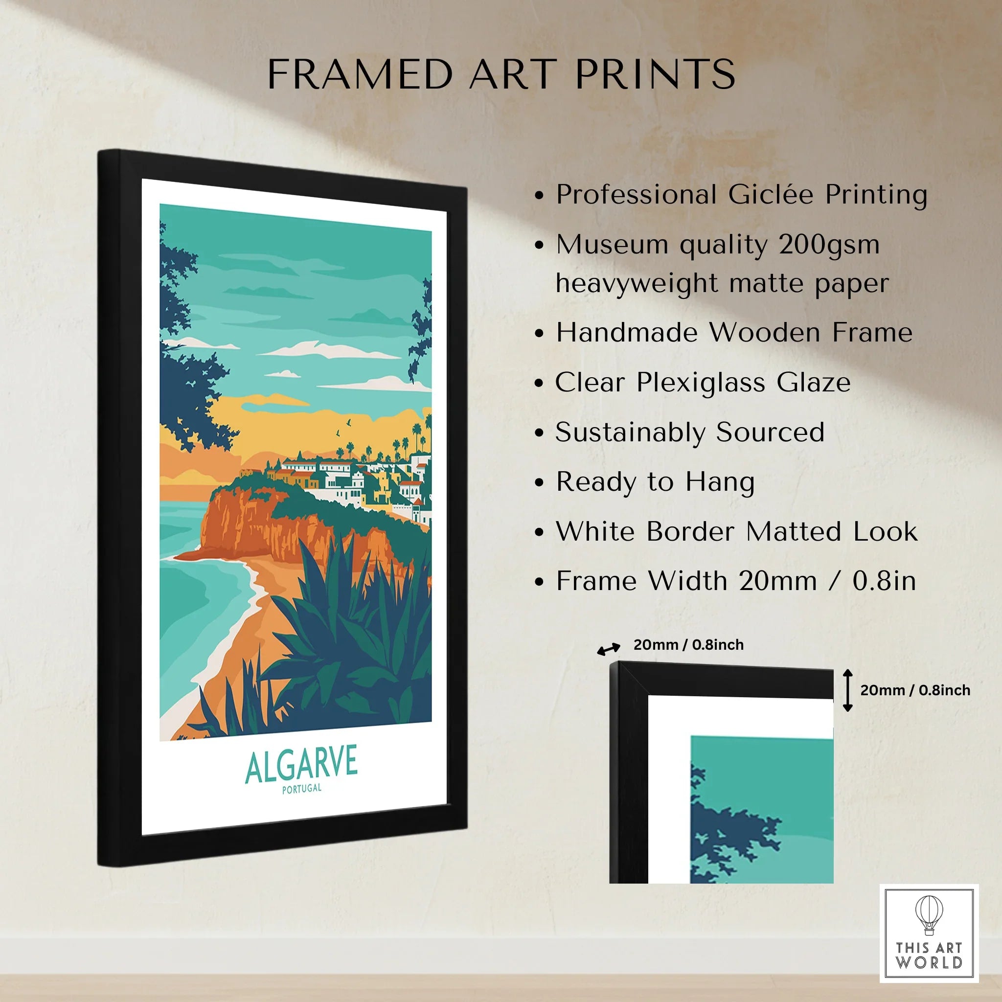 Framed Algarve Portugal travel poster art print with coastal cliffs, beach, and white buildings, perfect for home decor.