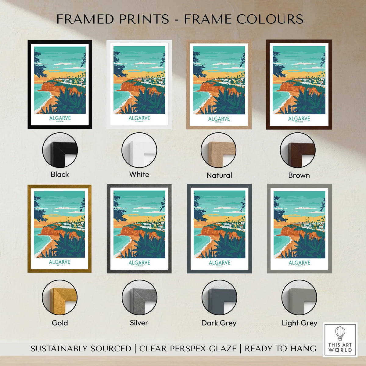 Algarve Portugal travel poster in 8 frame colors: black, white, natural, brown, gold, silver, dark grey, light grey
