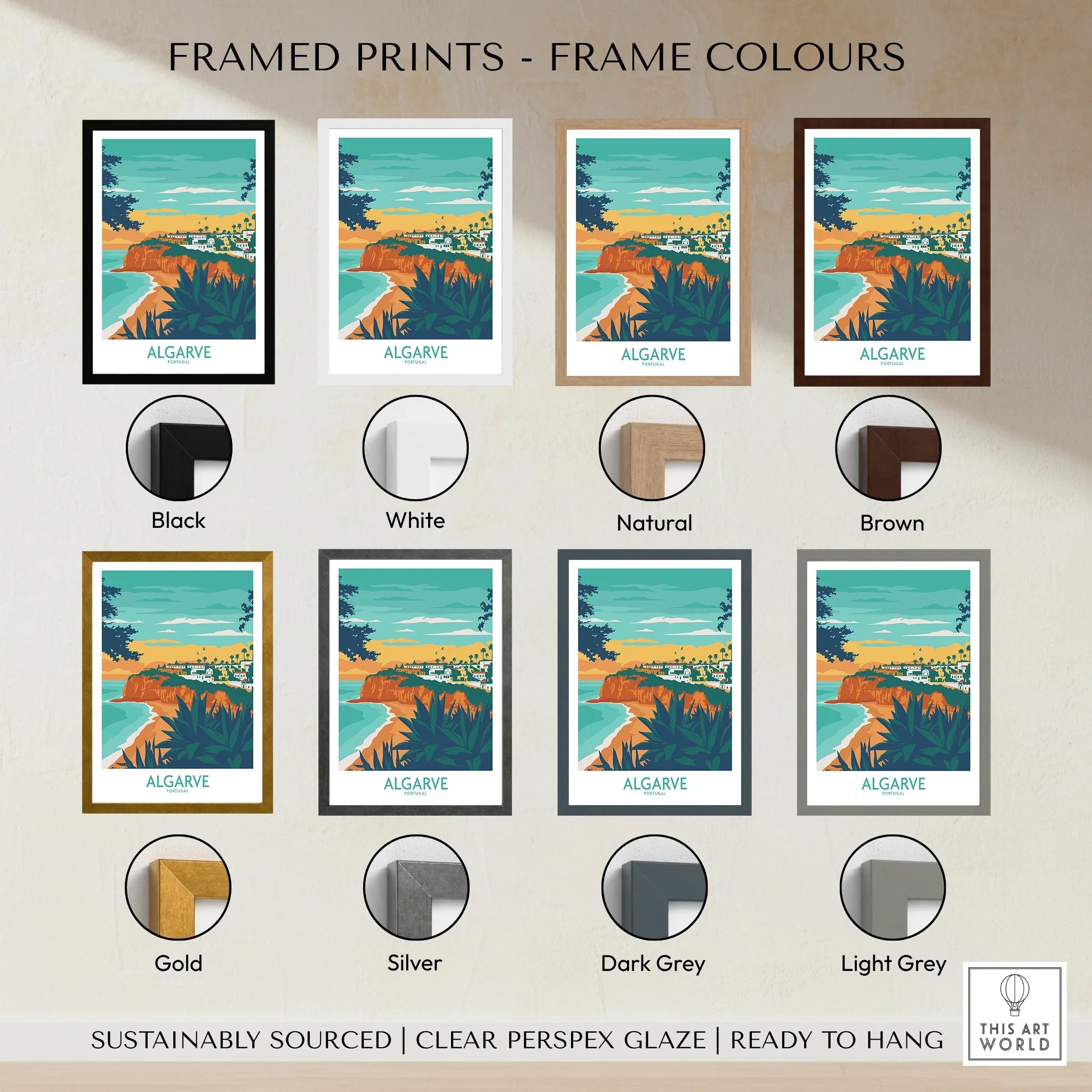 Algarve Portugal travel poster in 8 frame colors: black, white, natural, brown, gold, silver, dark grey, light grey