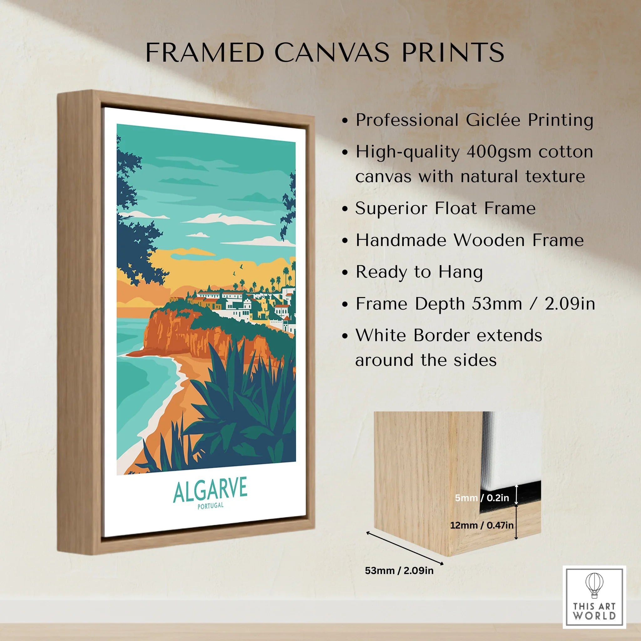 Algarve Portugal travel poster print in wooden float frame, coastal scenery wall art for home decor