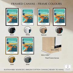 Algarve Portugal travel poster in black, white, natural, brown, gold, or silver float frame canvas art