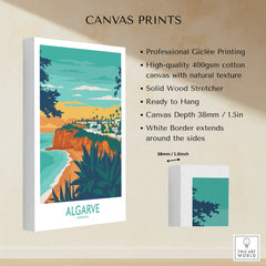 Algarve Portugal travel poster canvas print with coastal cliffs, beach, and white buildings, ready to hang wall art