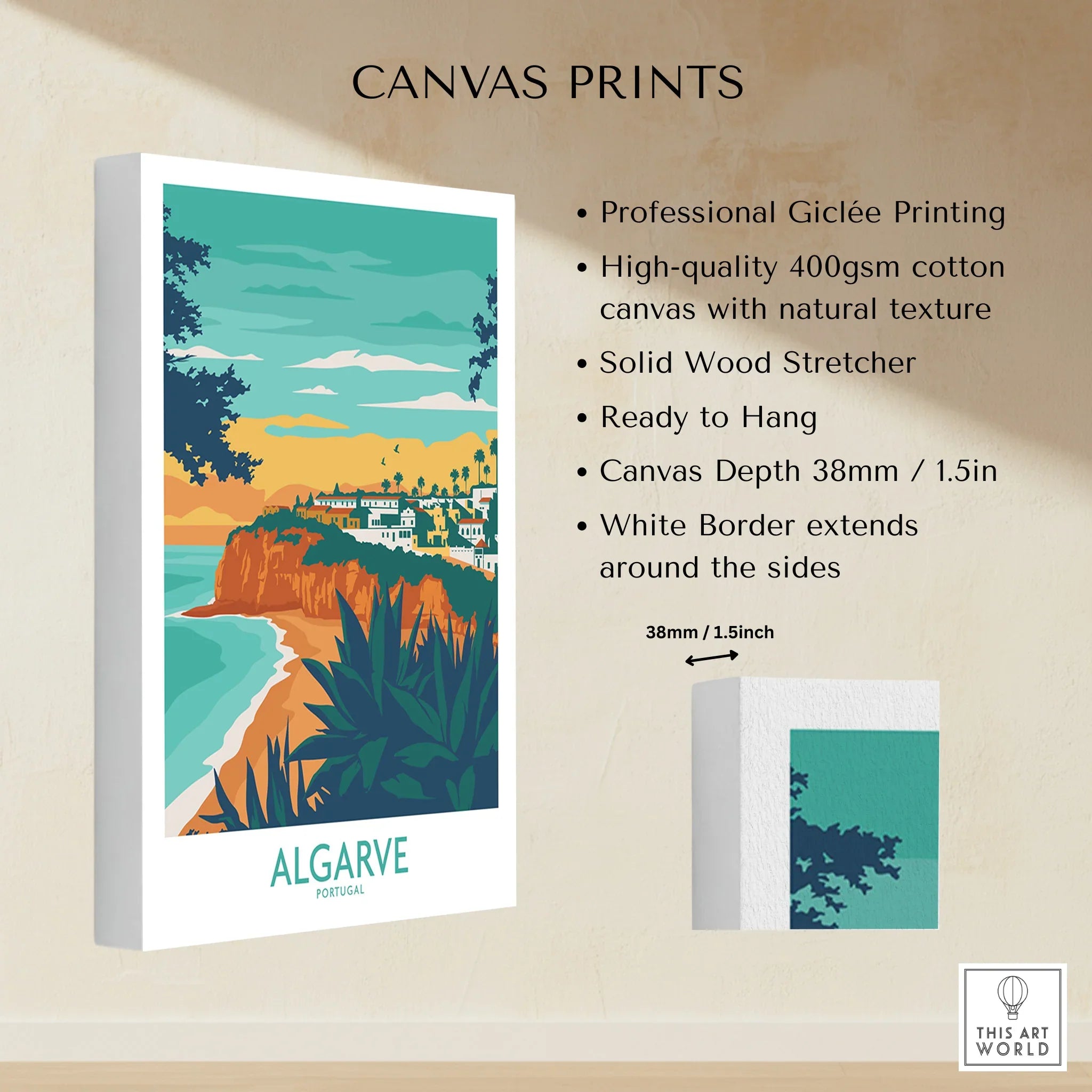 Algarve Portugal travel poster canvas print with coastal cliffs, beach, and white buildings, ready to hang wall art