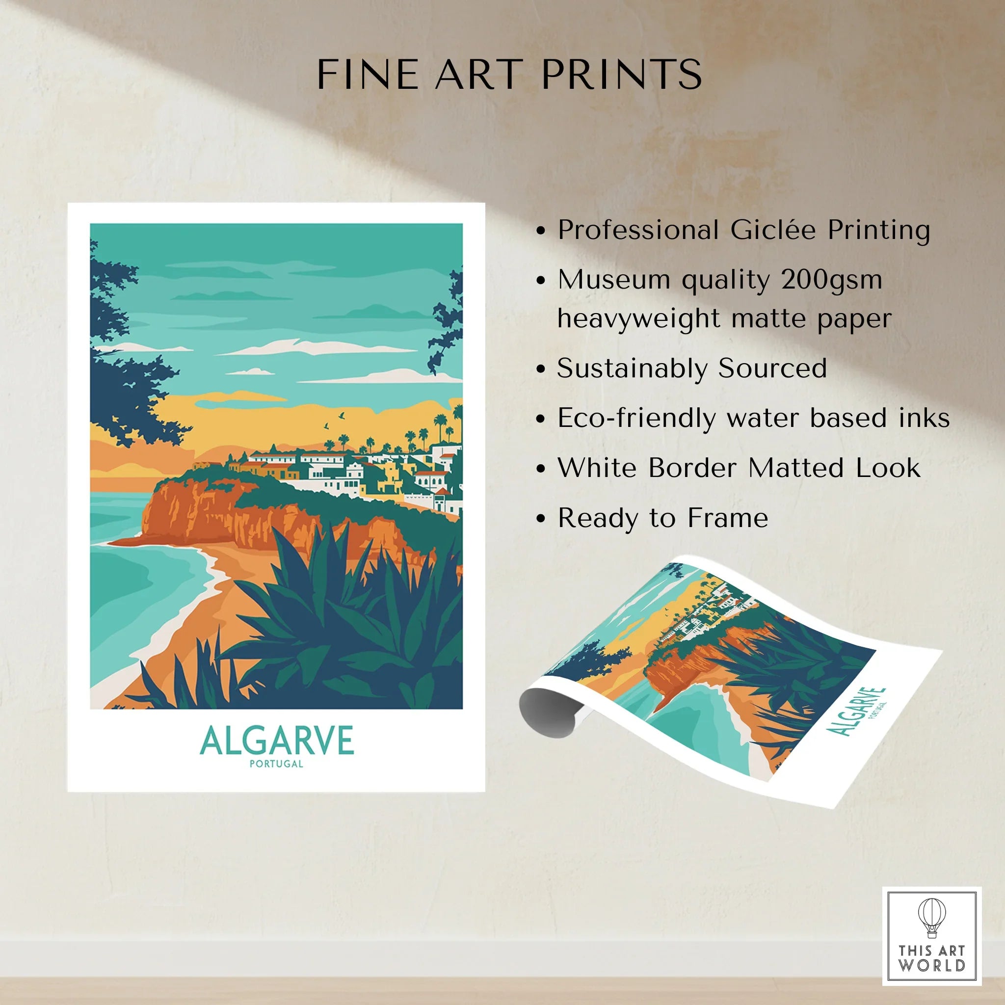 Algarve Portugal travel poster print with coastal cliffs, white houses, and turquoise sea, ready to frame