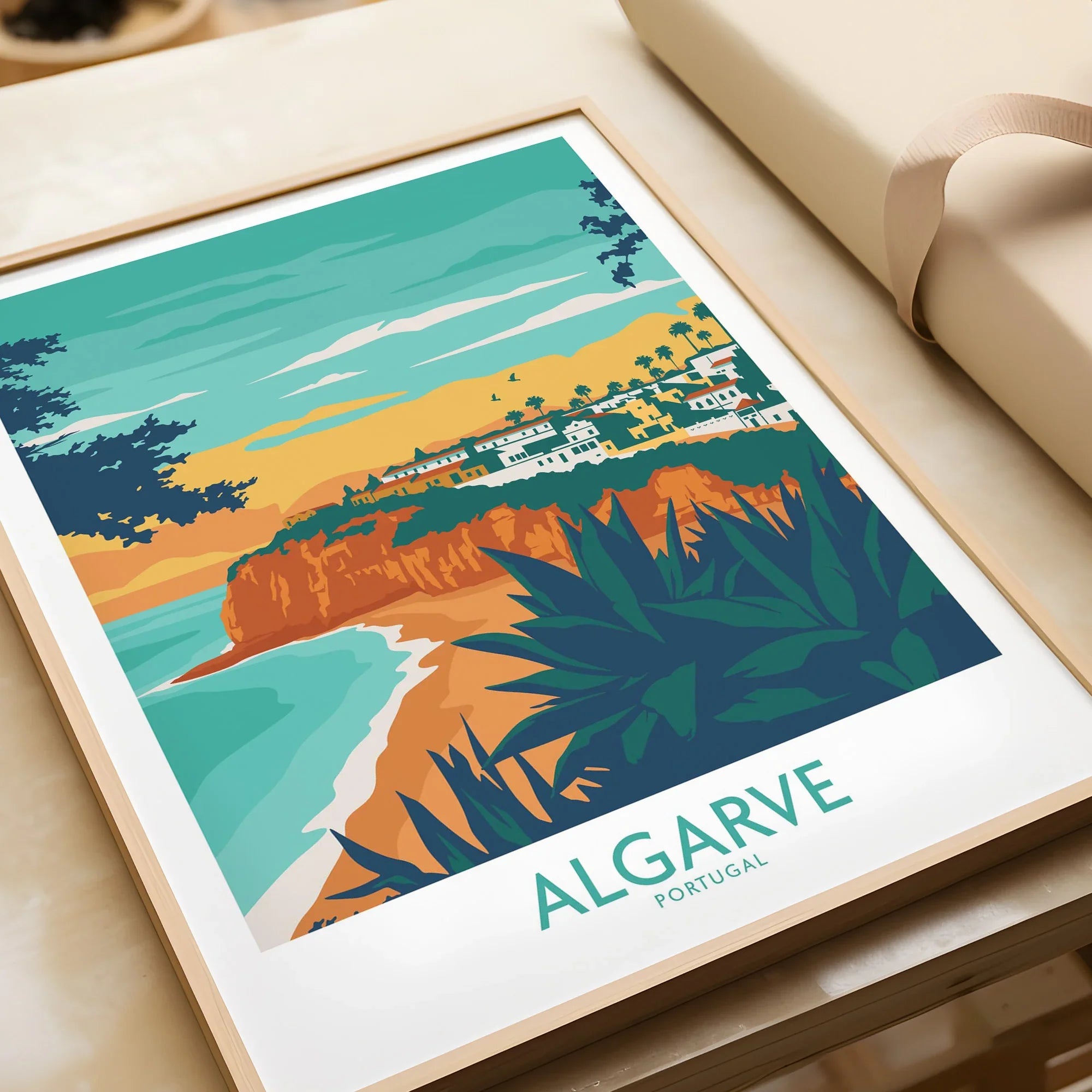 Algarve Portugal travel poster with coastal cliffs, beach, and village, ideal wall art for home decor