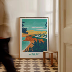 Algarve Portugal travel poster with coastal cliffs, beach, and village, framed wall art for home decor