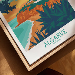 Algarve Portugal travel poster canvas art with coastal cliffs, turquoise sea, and palm leaves for wall decor