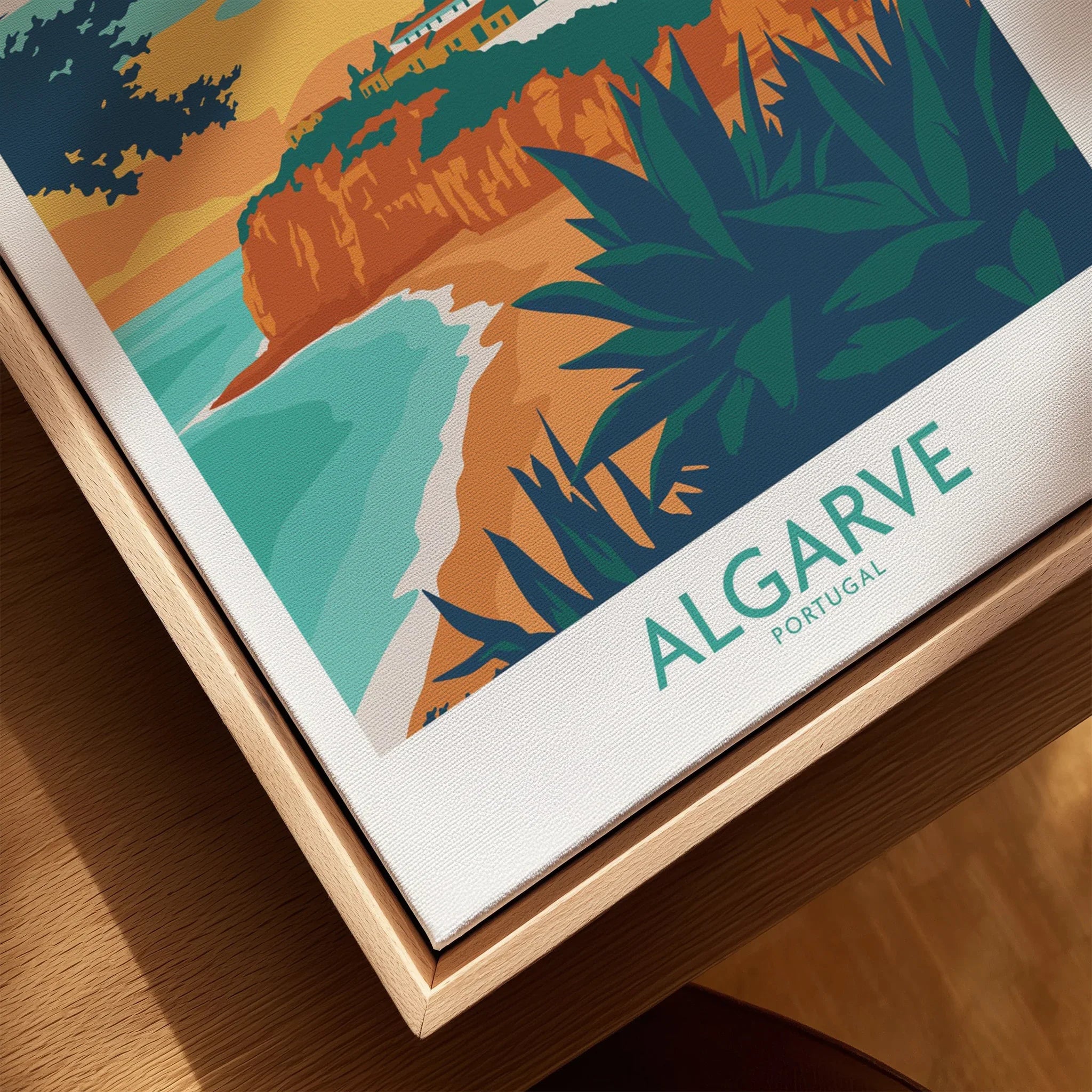 Algarve Portugal travel poster canvas art with coastal cliffs, turquoise sea, and palm leaves for wall decor