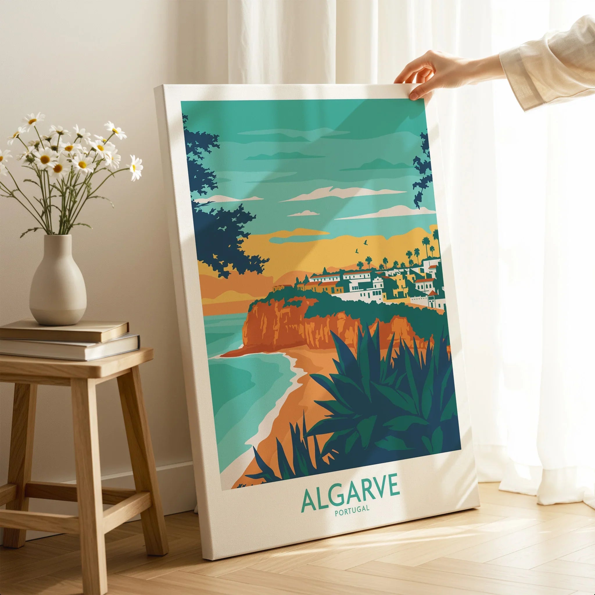 Algarve Portugal travel poster wall art with coastal cliffs, beach, and village, perfect for home decor
