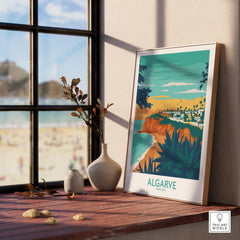 Algarve Portugal travel poster with coastal cliffs, beach, and village, perfect for home wall art decor