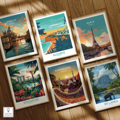 Framed travel posters of Venice, Paris, Barcelona, Singapore, Sri Lanka, and Algarve for wall art decor
