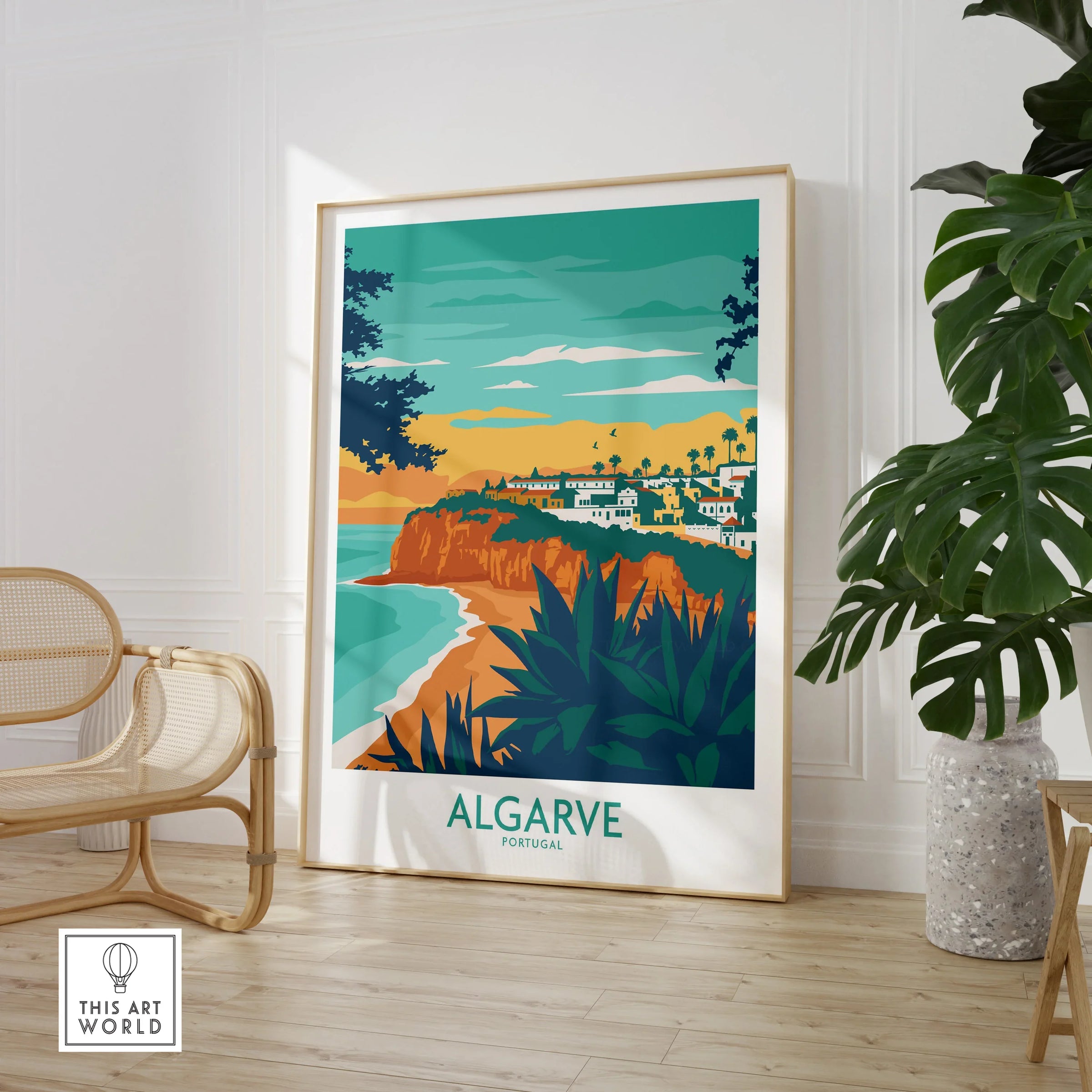 Algarve Portugal travel poster with coastal cliffs, beach, and village, perfect for wall art decor