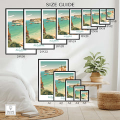 Size guide for Algarve Wall Art featuring various frame sizes and a coastal landscape design.