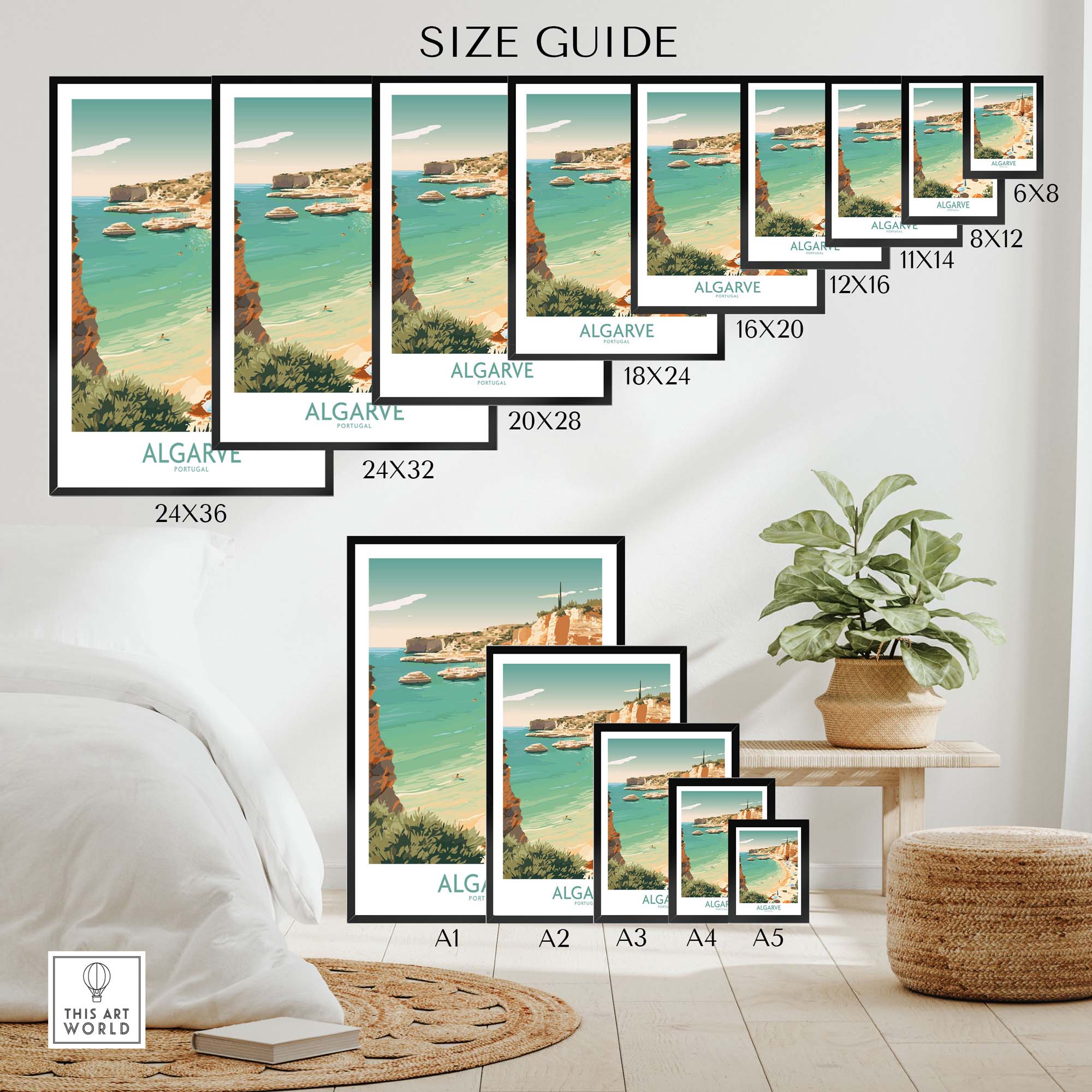Size guide for Algarve Wall Art featuring various frame sizes and a coastal landscape design.