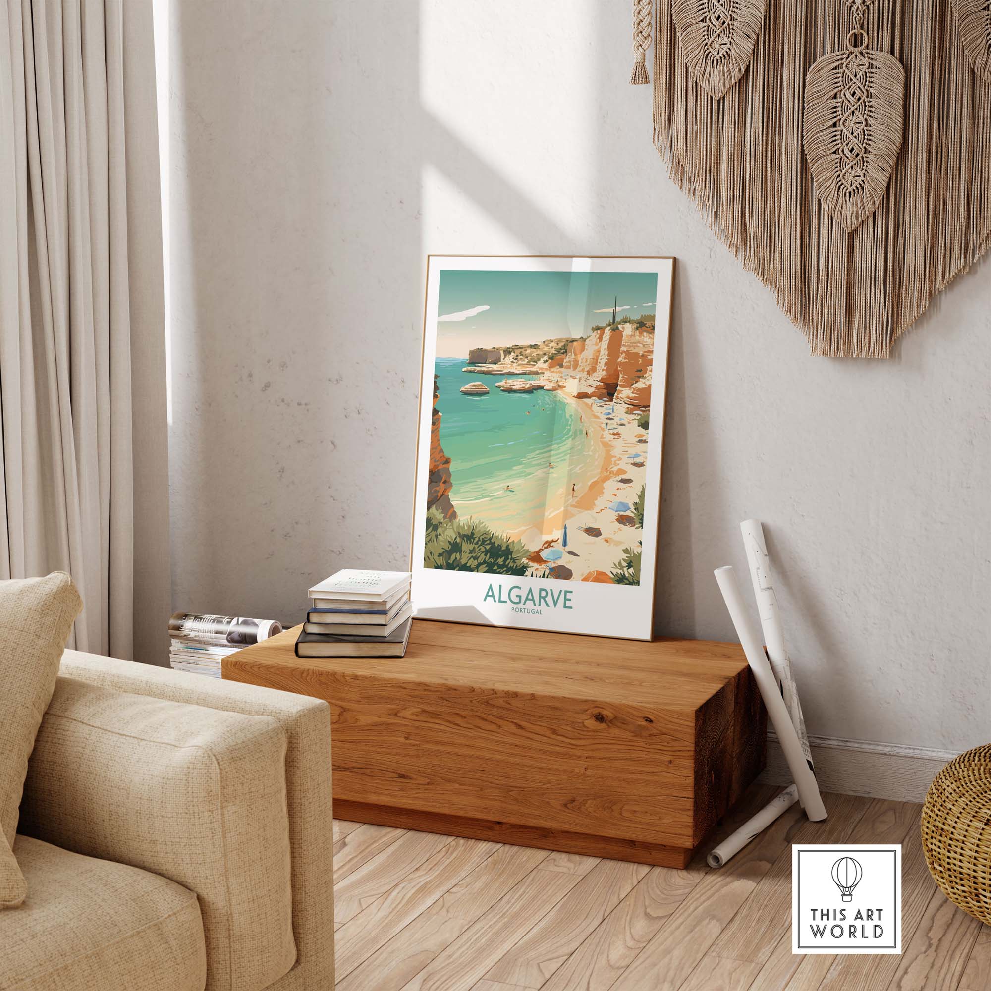 Algarve wall art print showcased in a cozy living room, featuring Portugal's beautiful beach scene with golden sands and blue waters.