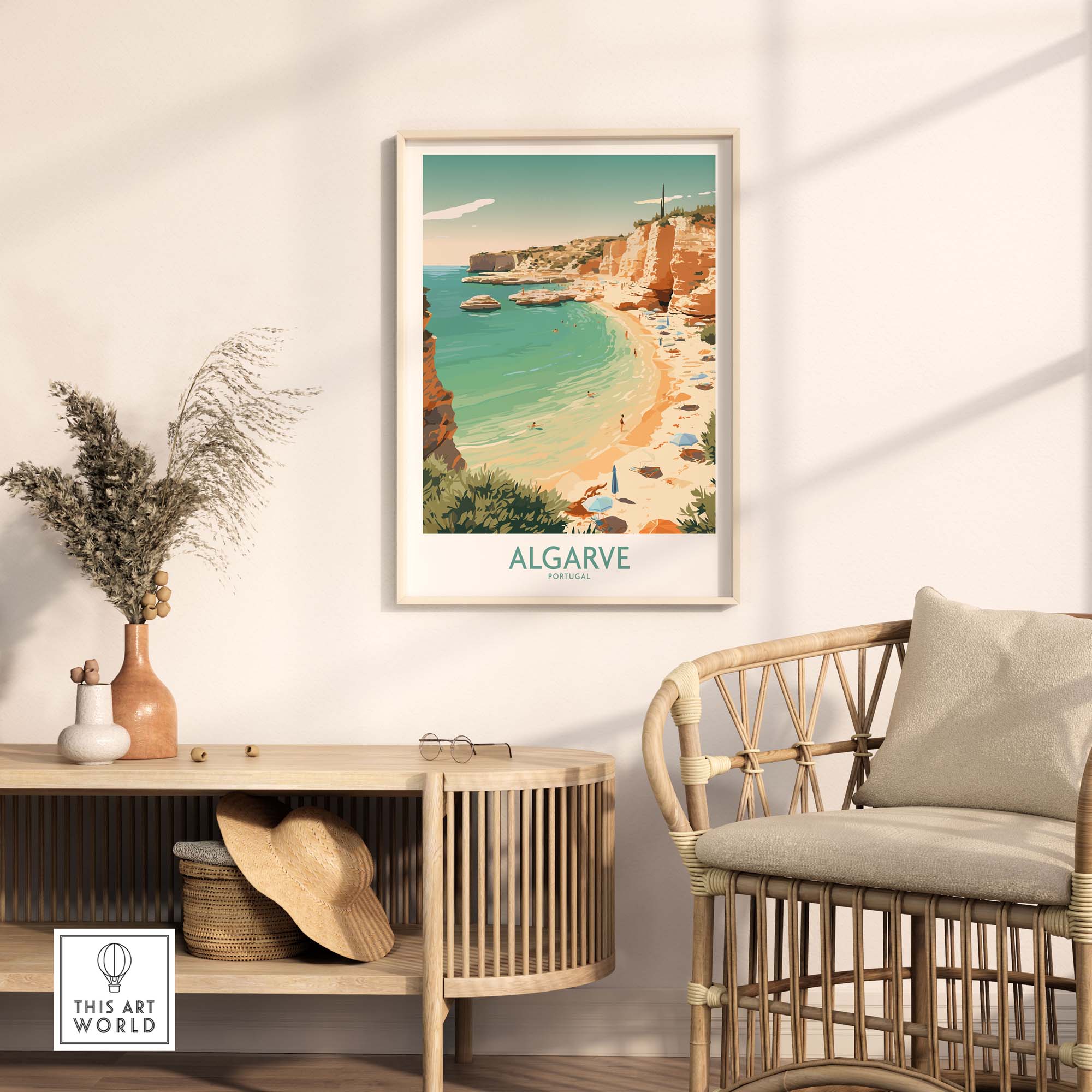 Algarve wall art showcasing golden beaches and blue waters in a modern decor setting, capturing Mediterranean beauty.