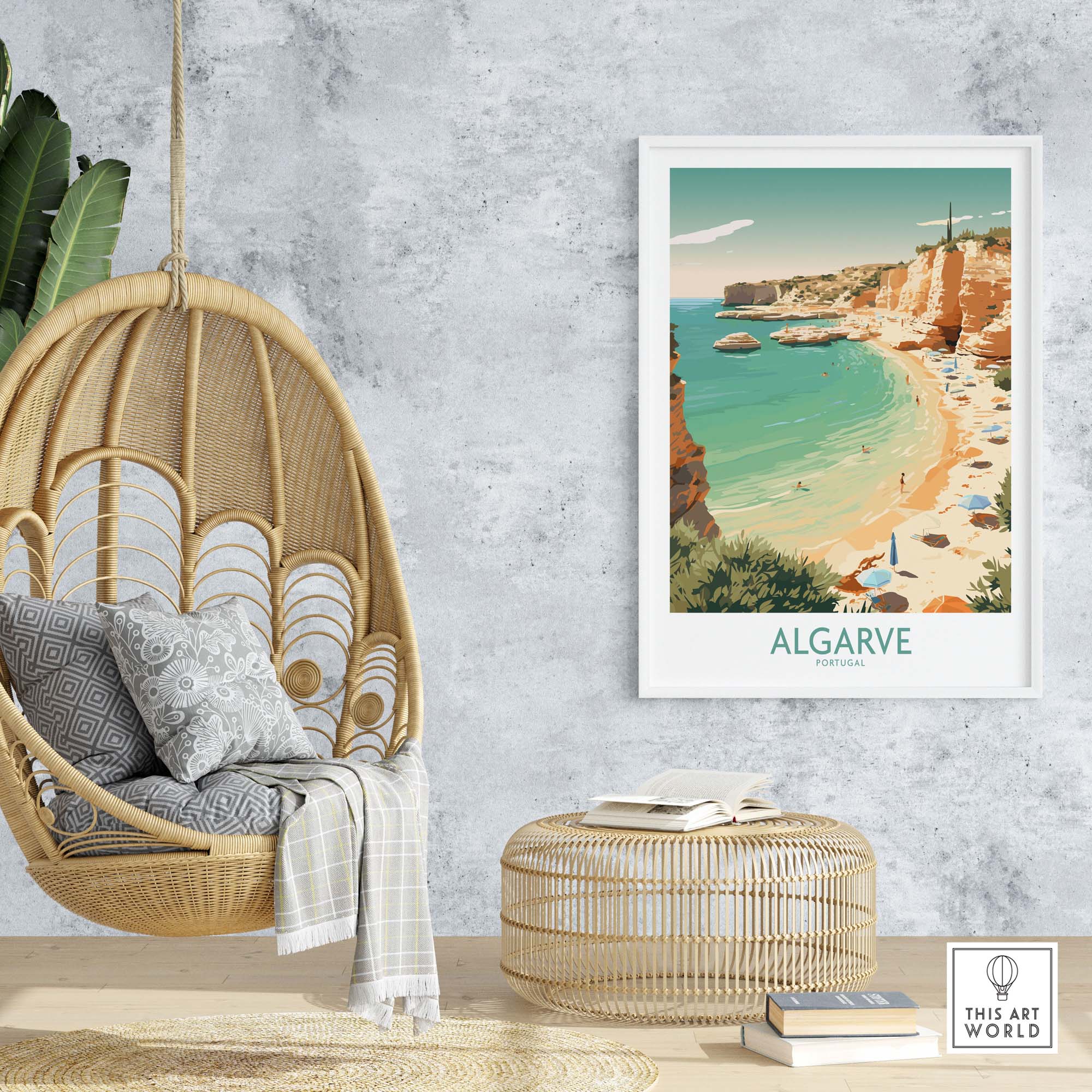 Algarve wall art featuring coastal scene, modern decor with beach and blue waters in a stylish interior setting.