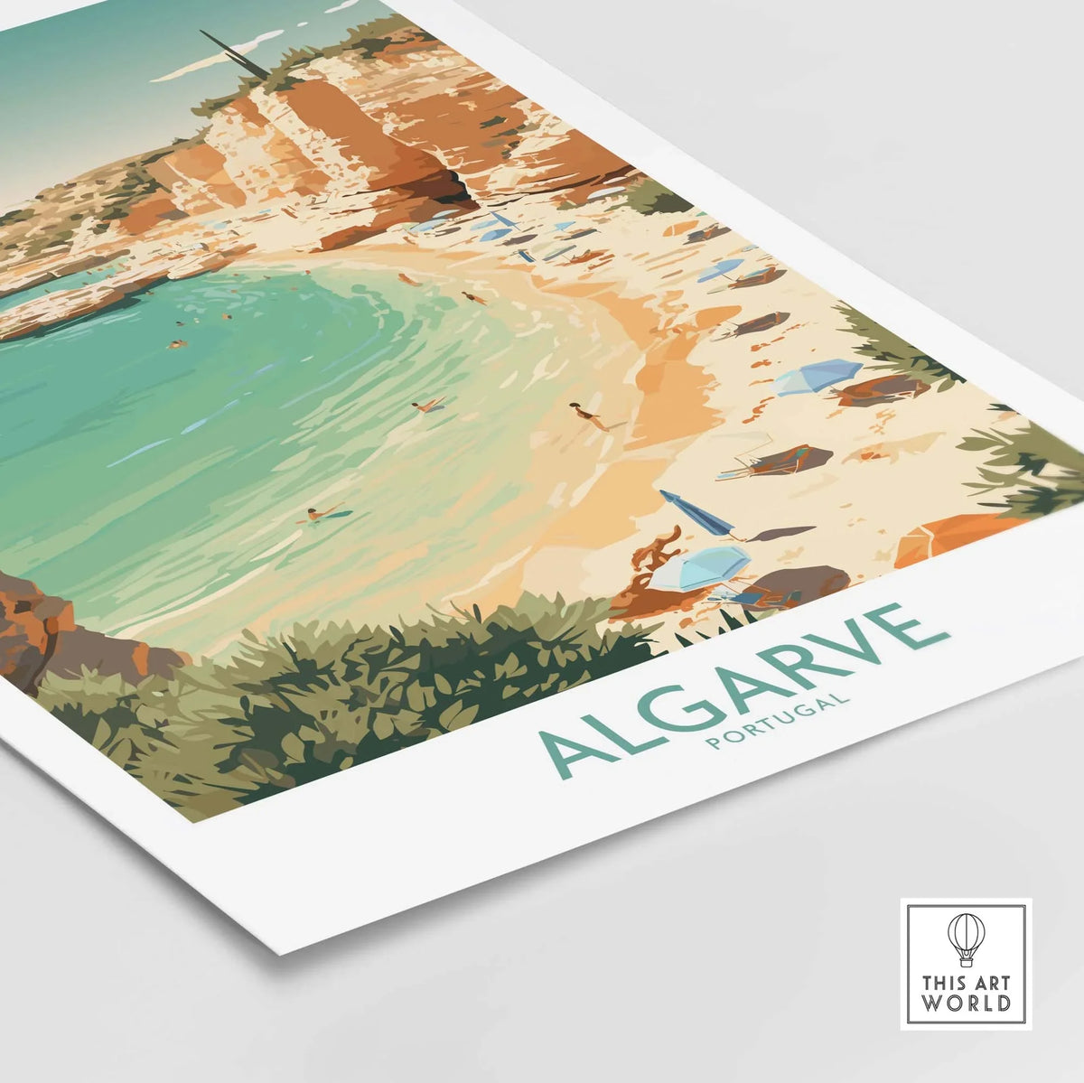 Algarve modern wall art featuring a beach scene with golden sand and turquoise water, celebrating Portugal's beauty.