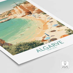 Algarve modern wall art featuring a beach scene with golden sand and turquoise water, celebrating Portugal's beauty.