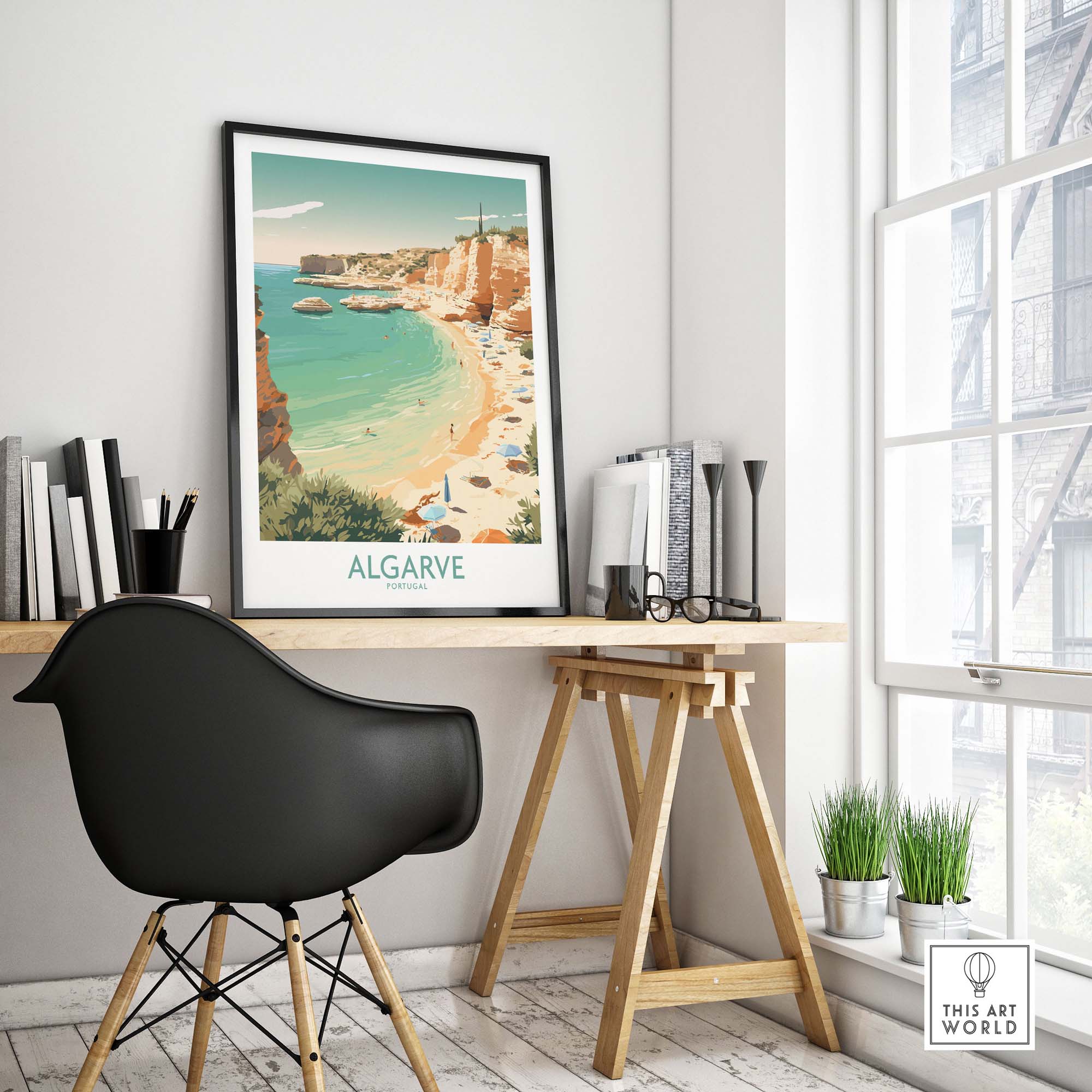 Algarve wall art in a modern home office, showcasing Portugal's beach beauty with golden sands and blue waters.