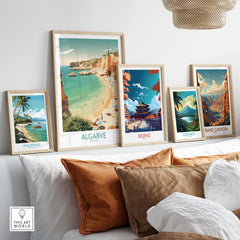 Modern Algarve wall art and travel posters featuring beach scenes and landscapes in a stylish home decor setting.