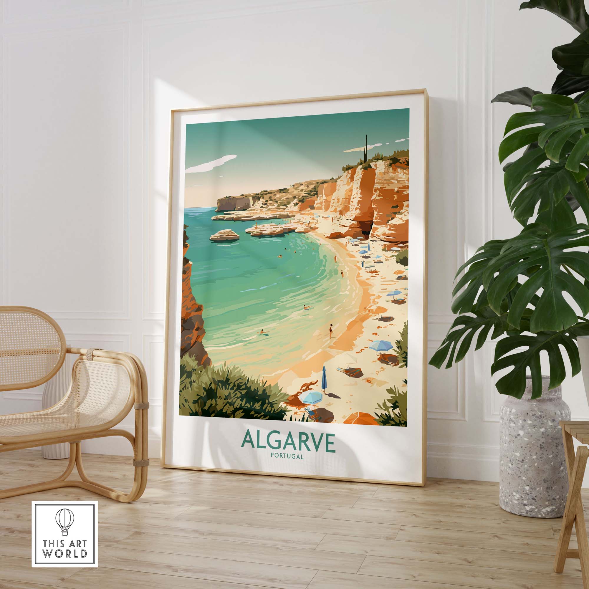 Algarve wall art print showcasing Portugal's stunning beach and coastal scenery in a modern vintage style.