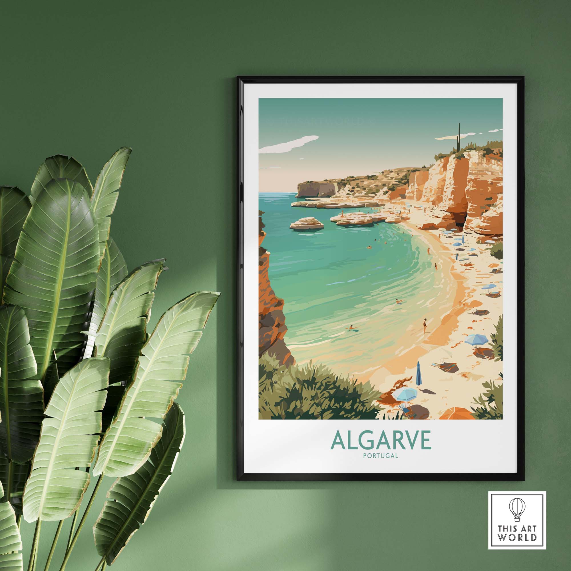 Algarve Wall Art poster showcasing a scenic beach with golden sand and blue waters, framed against a green wall.