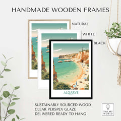 Handmade wooden frames in natural, white, and black, showcasing Algarve wall art, sustainably sourced wood.