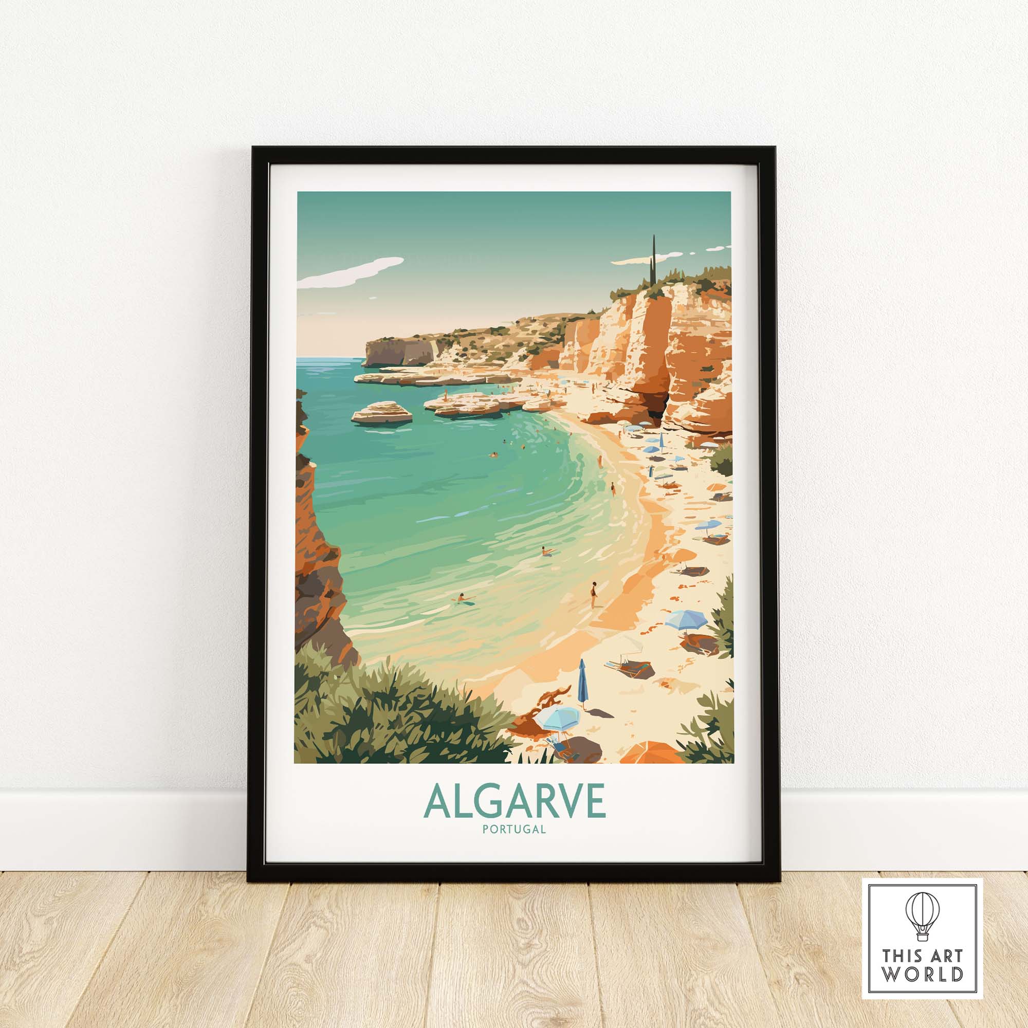 Algarve wall art featuring a vibrant beach scene with cliffs and clear blue waters, perfect for modern home decor.