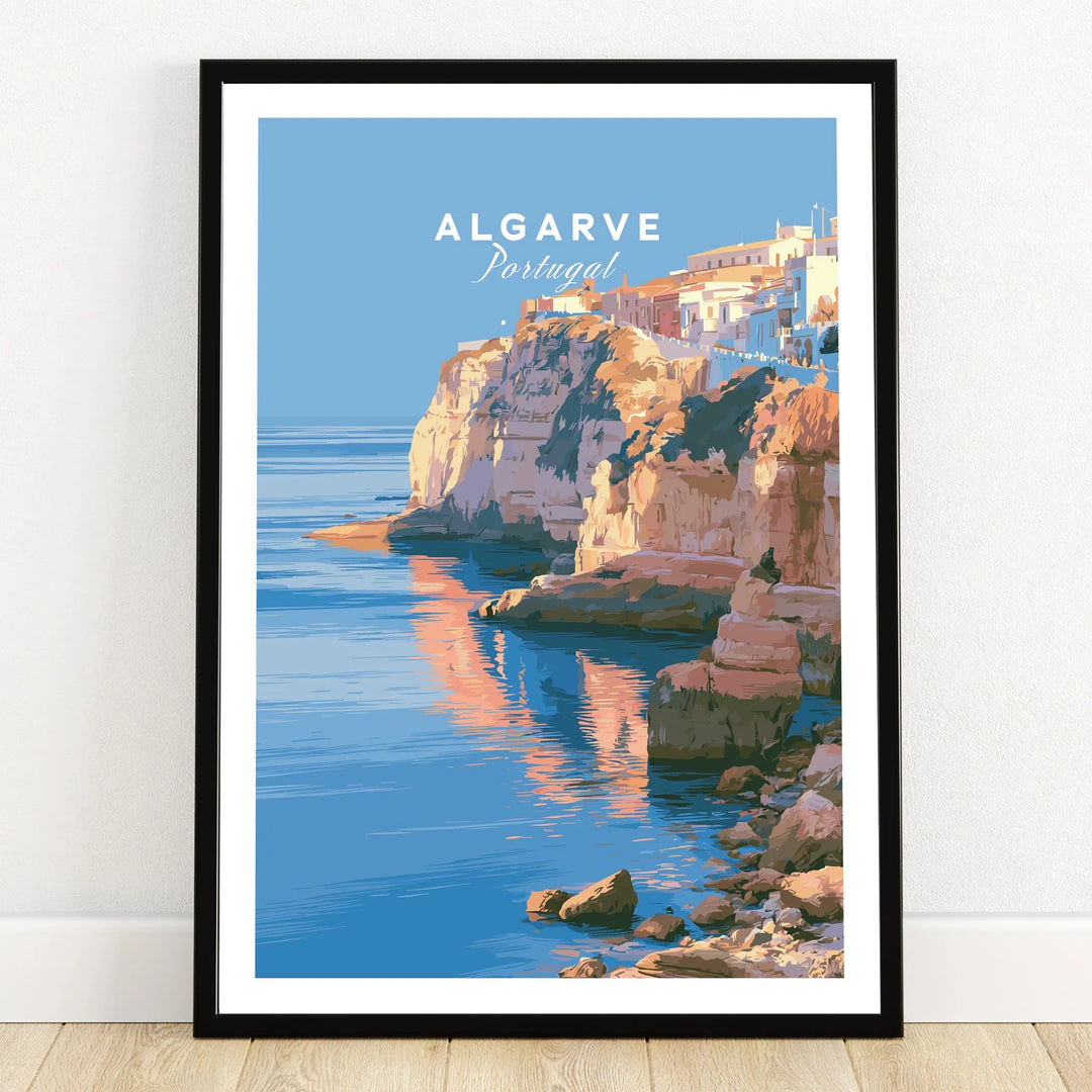 Algarve Portugal Coastal Cliffs Travel Poster — art print in black frame on wooden floor