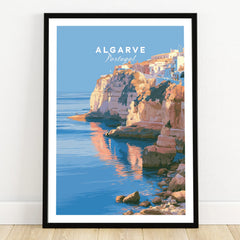 Algarve Portugal Coastal Cliffs Travel Poster — art print in black frame on wooden floor