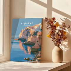 Algarve Portugal Coastal Cliffs Travel Poster — canvas print window setting with shadows flowers