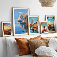 Algarve Portugal Coastal Cliffs Travel Poster — set five framed artprints above bed natural wood frames