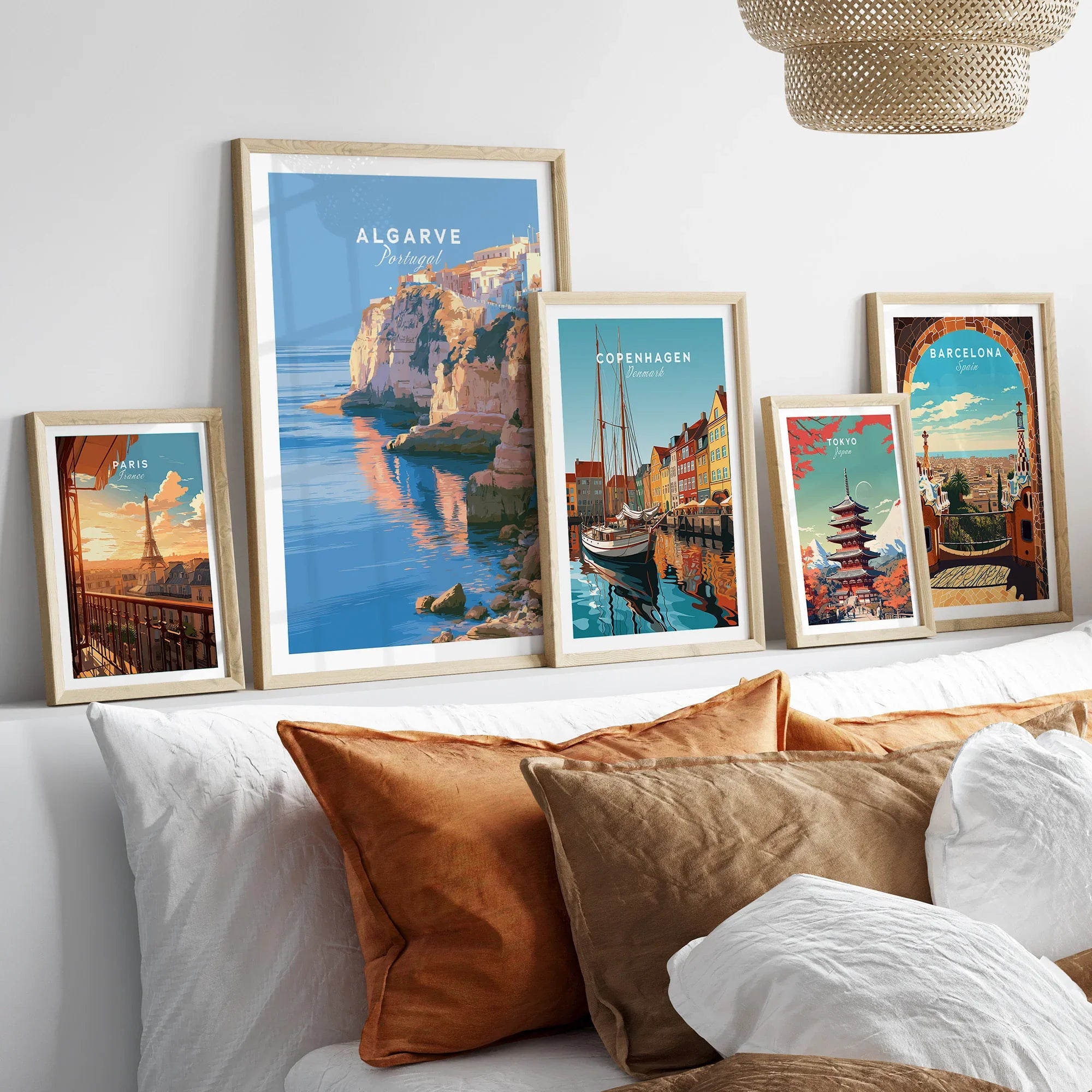 Algarve Portugal Coastal Cliffs Travel Poster — set five framed artprints above bed natural wood frames