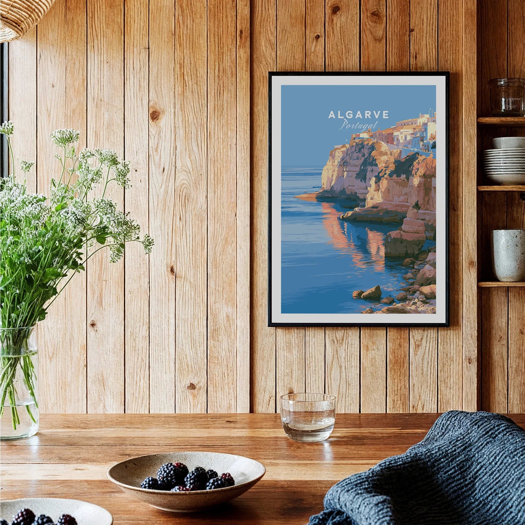 Algarve Portugal Coastal Cliffs Travel Poster — black framed art print kitchen setting