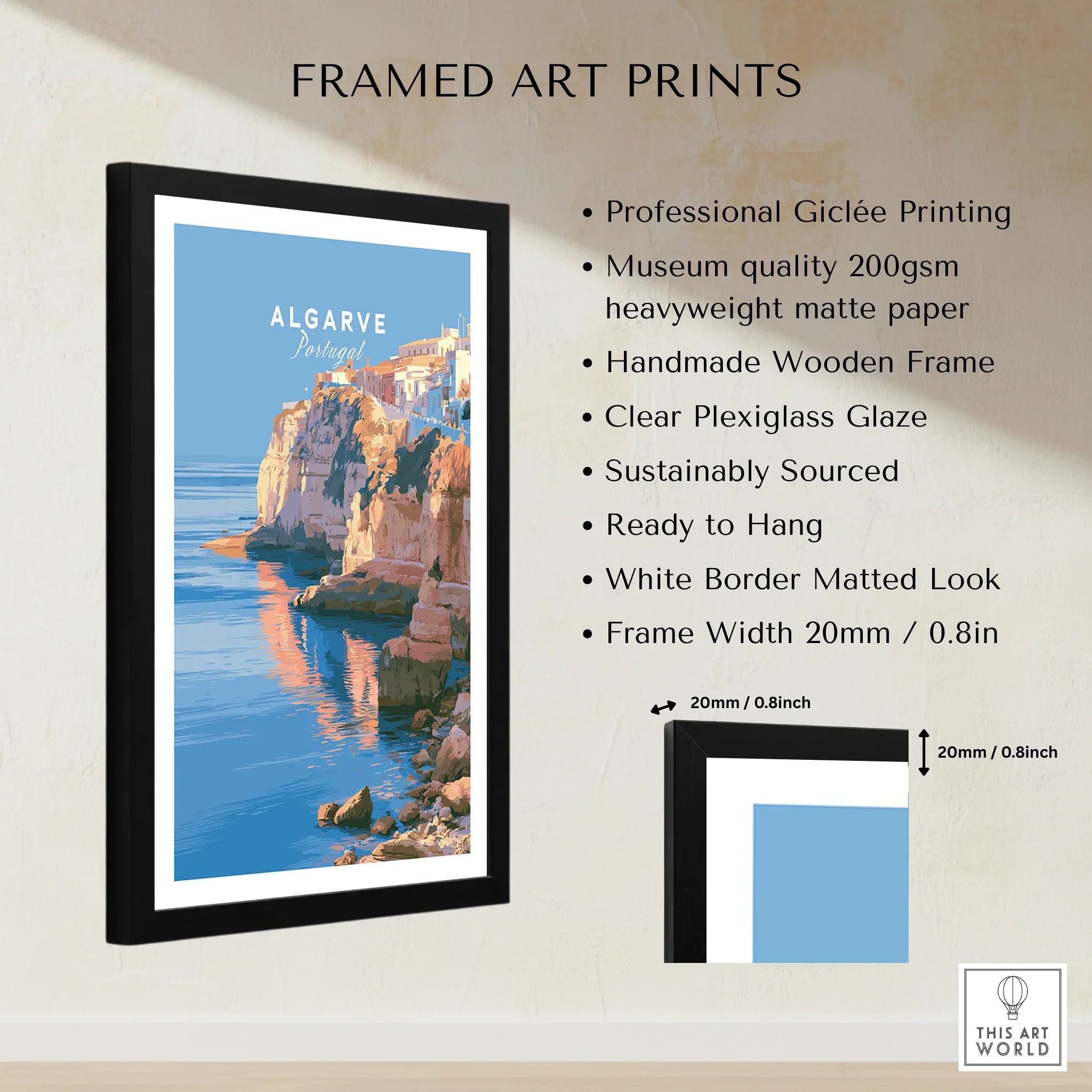 Algarve Portugal Coastal Cliffs Travel Poster — framed print details measurements quality details